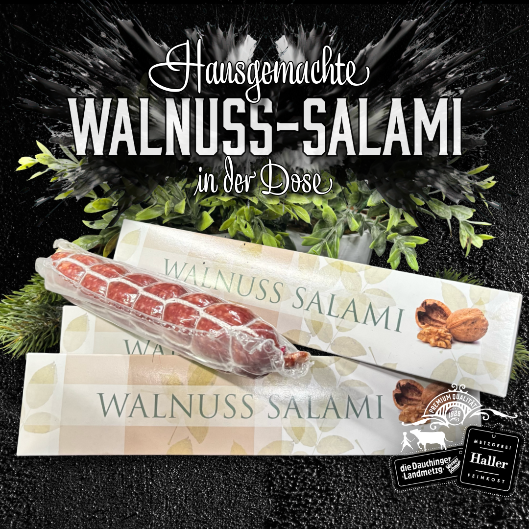 hausgemachte-walnuss-salami,Hausgemachte Walnuss Salami / 160g,"Hausgemachte Walnuss Salami / 160g – Original Metzgerei Haller, jetzt online kaufen